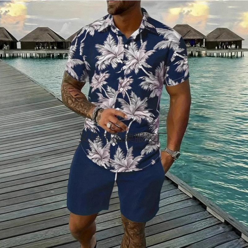 Trendy new Hawaiian cross-border summer men's clothing hot-selling versatile collared casual short-sleeve shirt and shorts set Trendy new Hawaiian cross-border summer men's clothing hot-selling versatile collared casual short-sleeve shirt and shorts set