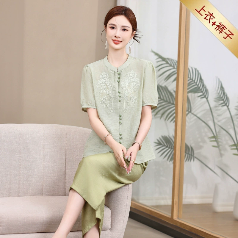 Темпераментная мама летняя рубашка с короткими рукавами 2024 новая средняя и пожилая женщина элегантная белая футболка из двух частей