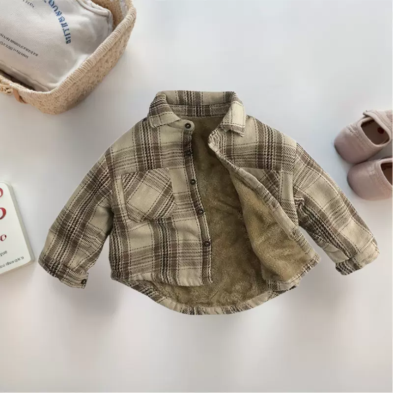 男童加绒衬衫格子韩版衬衫衣冬款长袖洋气男女宝保暖厚开衫外套潮