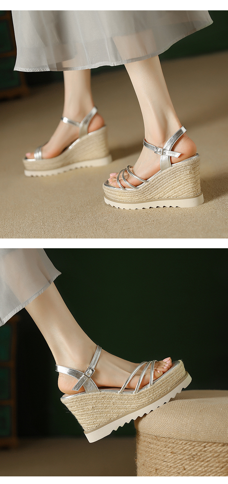 Sandal cao gót nữ phong cách Bohemian quai ngang mảnh hở mũi, đế xuồng đan rơm cao 9 cm — màu vàng, bạc chi tiết 7