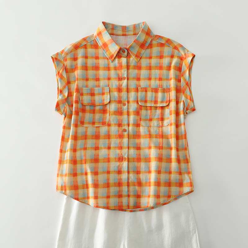 New Retro Hong Kong Style Loose Casual Cotton and Linen Printed Shirt with Small Flying Sleeves New Retro Hong Kong Style Loose Casual Cotton and Linen Printed Shirt with Small Flying Sleeves
