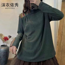 秋冬新款德绒打底衫女个性撞色拼接民族风盘扣显瘦百搭半高领上衣