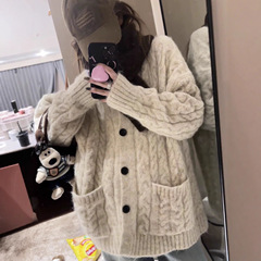 法式慵懒风高领单排扣针织开衫女秋冬季绞花宽松翻领加厚毛衣外套