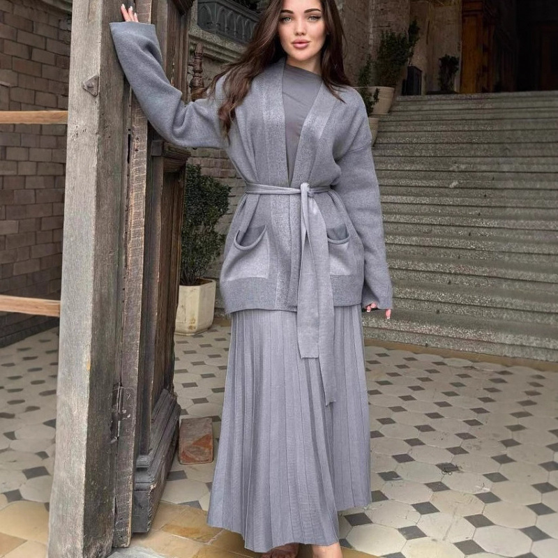 欧美跨境外贸2025春季宽松绑带口袋V领开衫外套舒适半身裙套装女|undefined