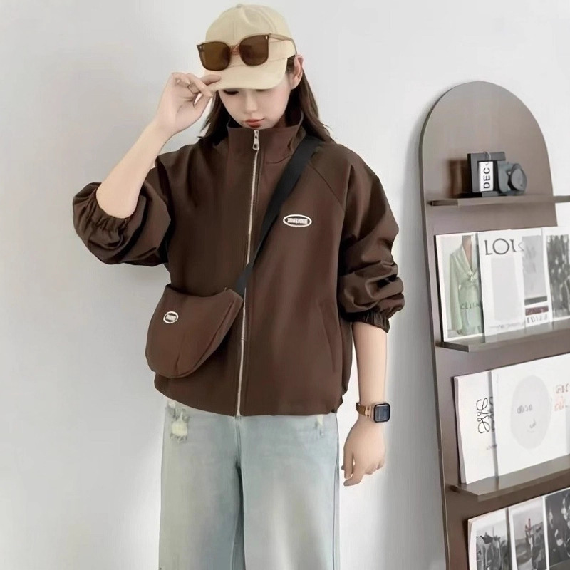 Autumn New Jacket Stand Collar Coat for Petite Women Korean Style Casual Versatile with Small Bag Design Trendy Top