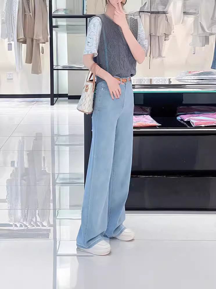 Quần jean nữ ống rộng cạp cao dáng suông giặt thẳng màu xanh nhạt — Màu xanh lam nhạt