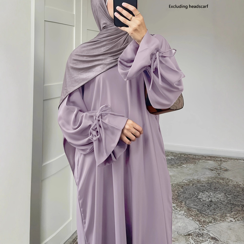 Women's Solid Color Long-Sleeved Robe Cardigan with Bow-Tie Cuffs, Without Headscarf