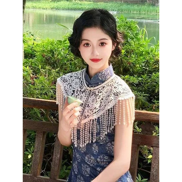 Qipao Shawl Cloud Shoulder Cape Pearl Lace Chinese Style Braided Cloud Shoulder Cape with Tassels Elegant Hanfu Accessories Photography Props China
