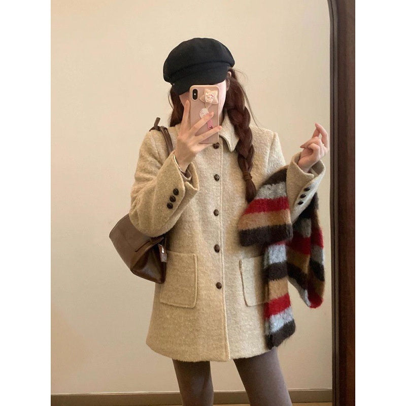 Plus Size Fat mm Small Fragrant Lapel Woolen Outwear Women's Autumn Elegant Design High-End Loose Long-Sleeved Woolen Outwear