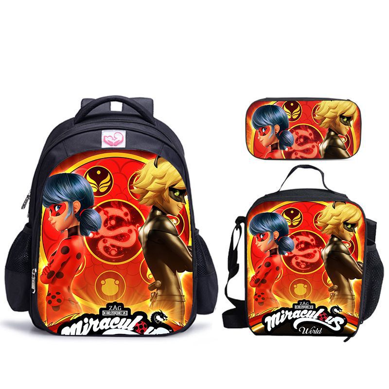 Universal for Boys and Girls, Miracle Girl Three-Piece Set with Red Light-Effect Badge Pattern, Including School Bag, Lunch Bag, and Pencil Case Storage Set Universal for Boys and Girls, Miracle Girl Three-Piece Set with Red Light-Effect Badge Pattern, Including School Bag, Lunch Bag, and Pencil Case Storage Set