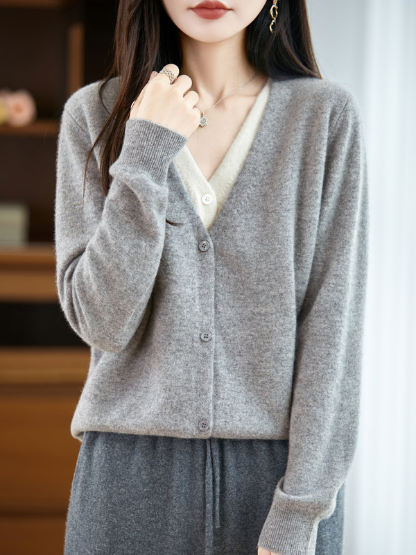 撞色领针织开衫女V领长袖2025年春秋新款假两件上衣宽松毛衣外套|undefined