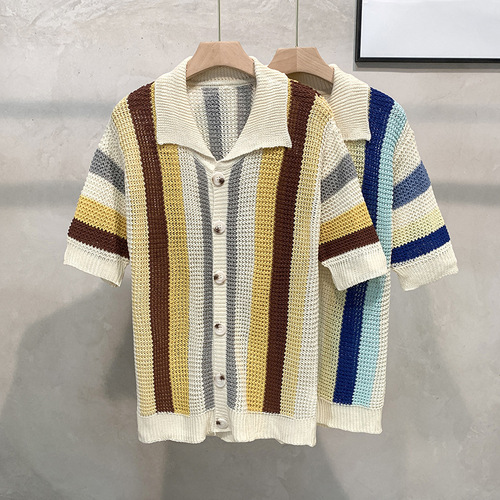 Men's Vintage Light Mature Vacation Style Dopamine Striped Loose Casual T-shirt with Lattice Knit