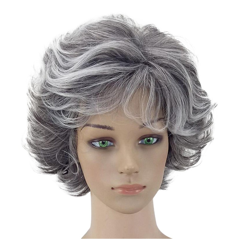 De mediana edad y anciano madre peluca vieja abuela plata blanco color mezclado moda pelo rizado cabeza cubierta mullido Pelo Rizado realista Rosa neto
