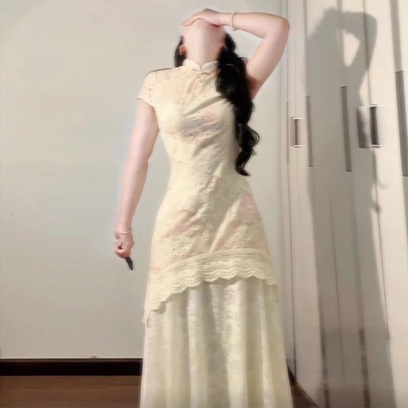 2025新中式漂亮蓝色碎花连衣裙年轻款少女蕾丝拼接收腰改良旗袍裙|undefined