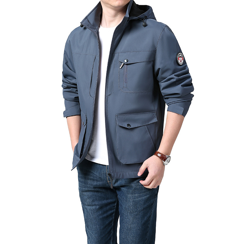 Primavera y otoño al aire libre suelta de tamaño grande chaqueta de hombre de mediana edad desmontable sombrero impermeable abrigo de asalto casual abrigo