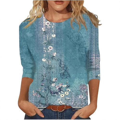 New 2025 Spring Amazon Cross-border Women's Fashion Print 7/8 Sleeve Loose Round Neck Casual T-shirt Top
