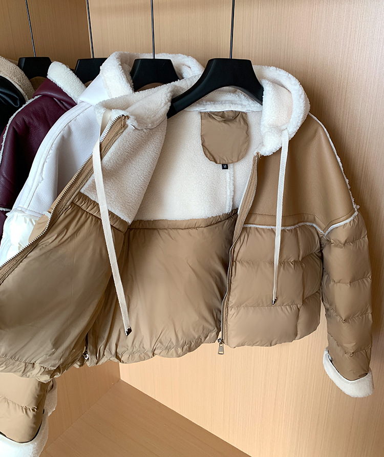 Giacca corta europea in piumino per donna stile corto cuciture colore a contrasto pelle PU leggera lusso alta qualità maglione largo 2024 nuovo inverno_voghion.com