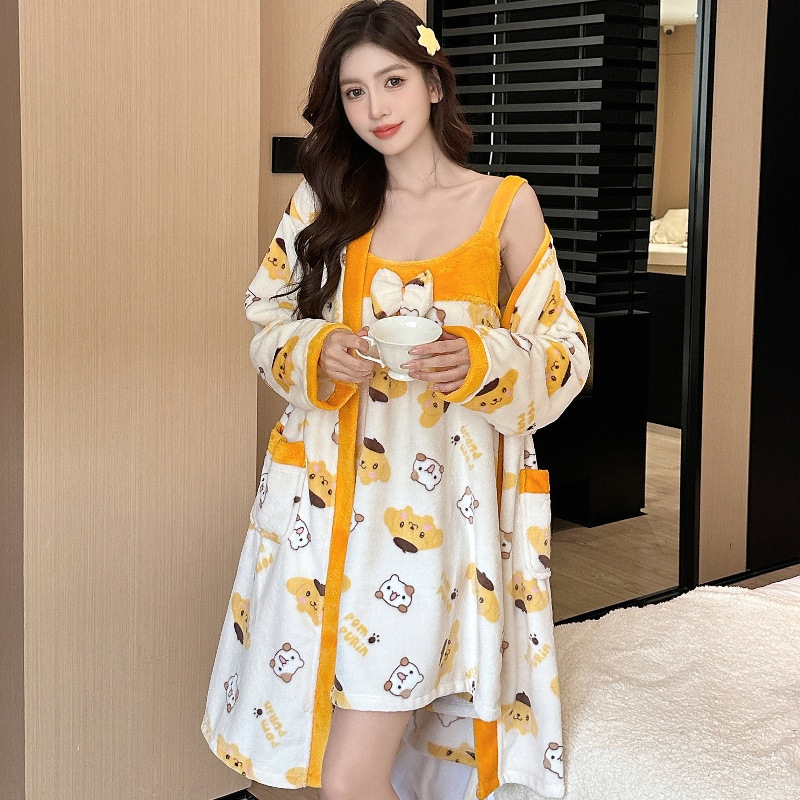 Autumn and winter hot new pajamas ink painting women's bathrobe thickened coral velvet flannel nightgown two-piece set Wholesale