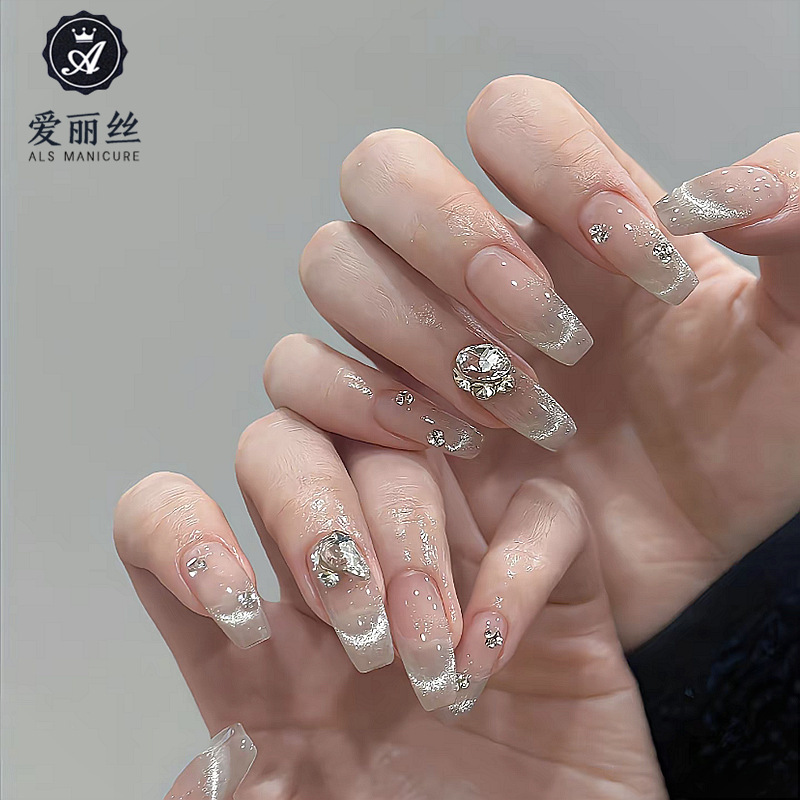 Nude color spar cat eye pile Diamond Fairy ins spring and summer white advanced gradient wear handmade manicure nail piece