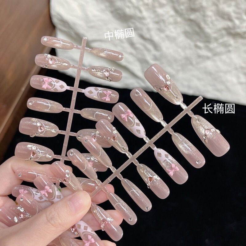 Short Pink Plaid Girl Cat-Eye Style Wearable Manicure Patches, Cute Fake Nails, Elegant Pure Handmade Nails