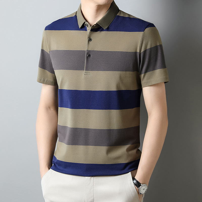 Men's pure cotton striped polo shirt, short-sleeved T-shirt, dad's style, camouflage, dropshipping, men's collared top.