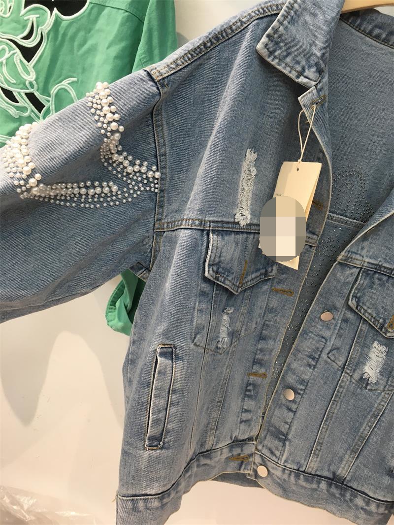 Damjeansjacka med pärlbroderi lös passform höstjacka för dam_voghion.com