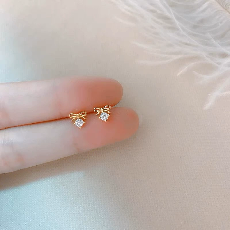 Милая zirconia с бантиком, серьги, небольшая серебряная игла, образец серебро 925, простой и элегантный дизайн
