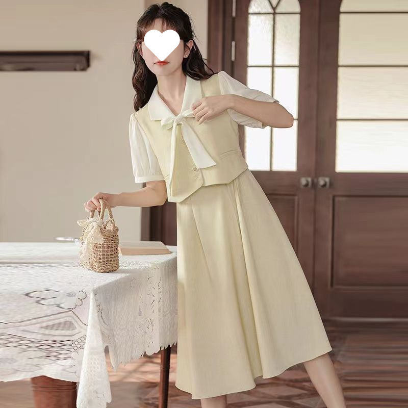 Tea Break French Country Dress Women's Short-Sleeved Elegant Fake Two-Piece Teaching Qualification Interview Formal Occasion Date Long Dress Women