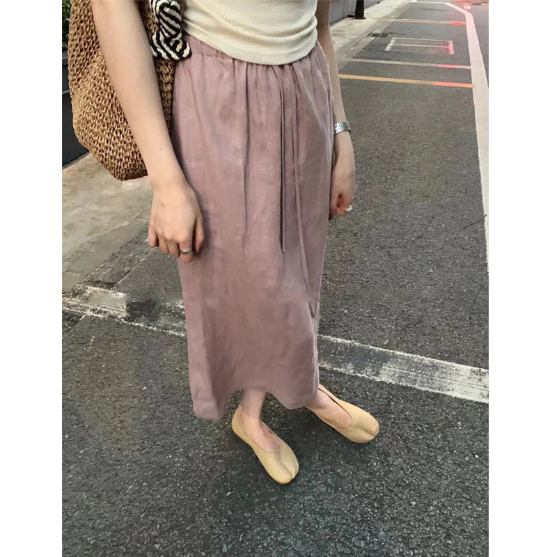 2025 Japanese Style Style Soft and Linen Pink Skirt for Women Summer New Casual Elastic Mid-Length Skirt Can Be Shipped on Behalf of Others