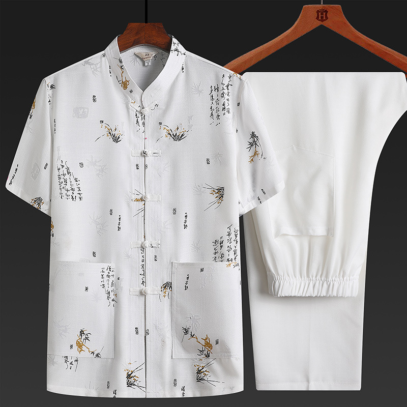 Bamboo leaf print cotton and linen short-sleeved Tang suit for men, retro style summer men's pajamas, linen loungewear for dads and grandpas.