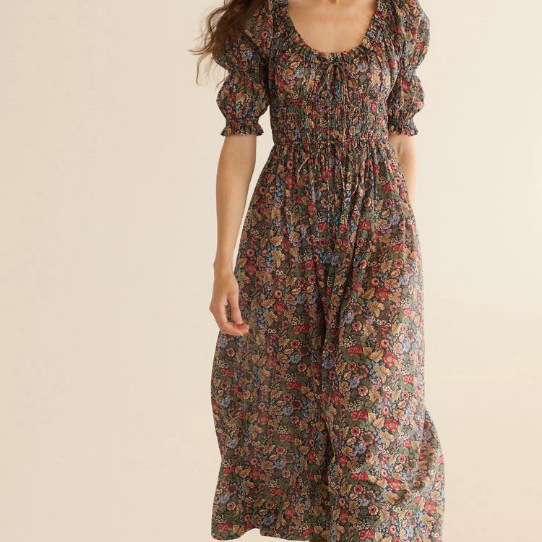 2026 Cross-Border Spring and Summer New Rayon Printed Dress French Style Waist-Cinching Puff Sleeve Long Dress Retro Floral Print
