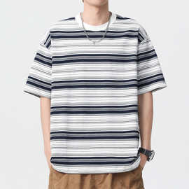 条纹短袖t恤男2025年新款日系潮牌潮流体恤男生宽松大码衣服