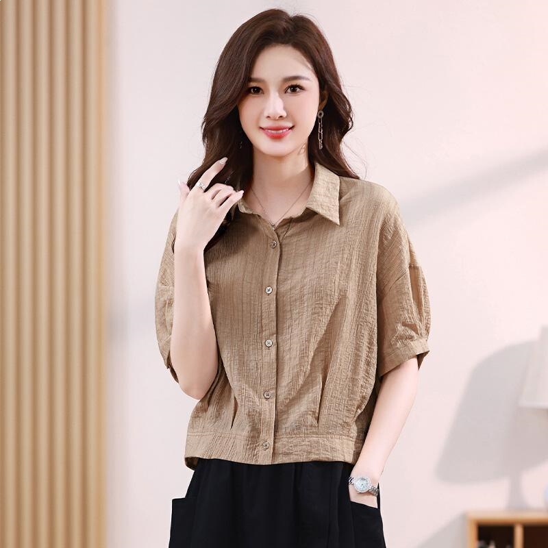 Short-Sleeve Shirt for Women, Summer 2026 New Style, Petite Top, Medium Sleeve, Plus Size, Conceals Body Shape, Slimming, Age-Reducing