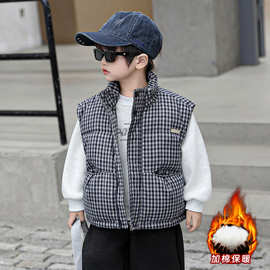 男童马甲秋冬装2025新款男宝冬季加厚格子马夹儿童痞帅羽绒棉背心