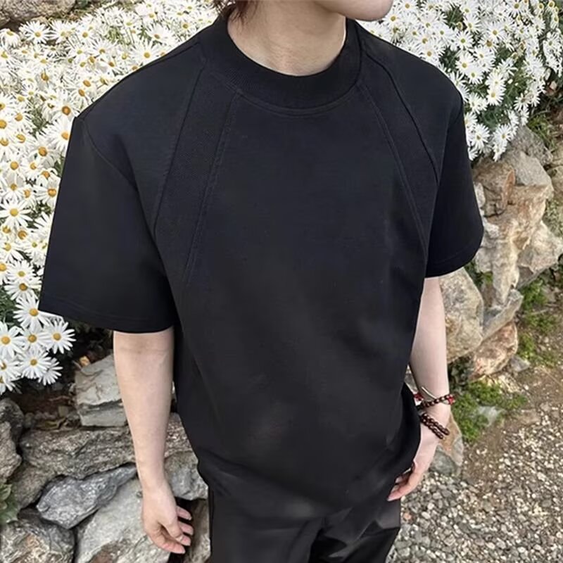 Camiseta gris pesada de costura de hilo masculina de verano boxy estilo americano de manga corta hombro 2026 nueva media manga