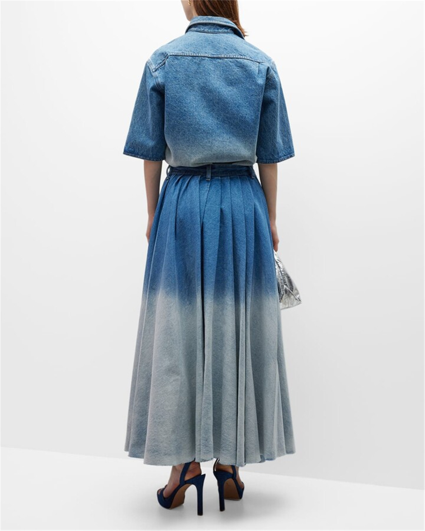 Dame high waist denim midi nederdel med bindebånd og gradient_voghion.com