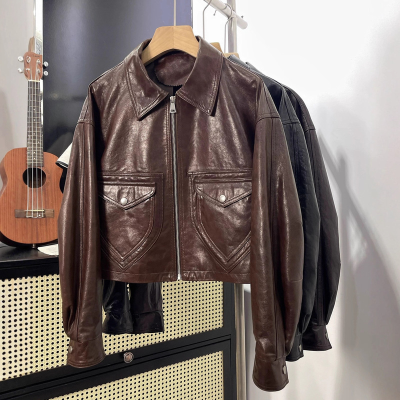 2025 Autumn New Haining Genuine Leather Oil Wax Sheepskin Women's Short Jacket Motorcycle Style Fashion Slim Fit