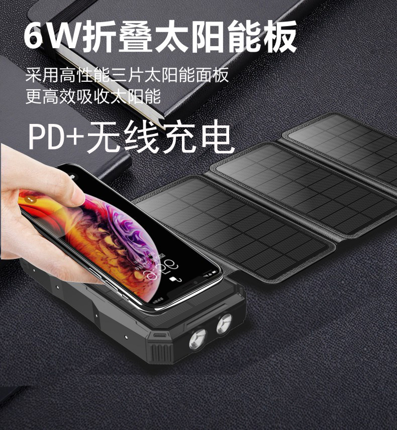 亚马逊外贸私模太阳能无线充电宝大容量便携PD快充移动电源20000