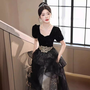 黑色晚礼服女2025新款长袖端庄大气年会宴会主持人法式艺考连衣裙-阿里巴巴