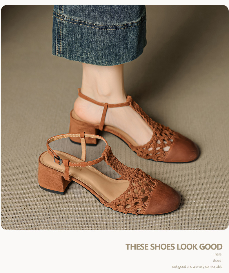 Sandal nữ quai ngang gót thô 5 cm, dây đan kiểu La Mã — màu nâu chi tiết 9