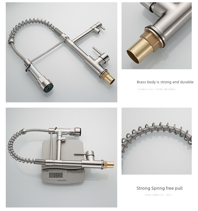 Cross-border commodity all-copper nickel wire drawing dual-function kitchen spring faucet hot and cold water rotating black drawing faucet