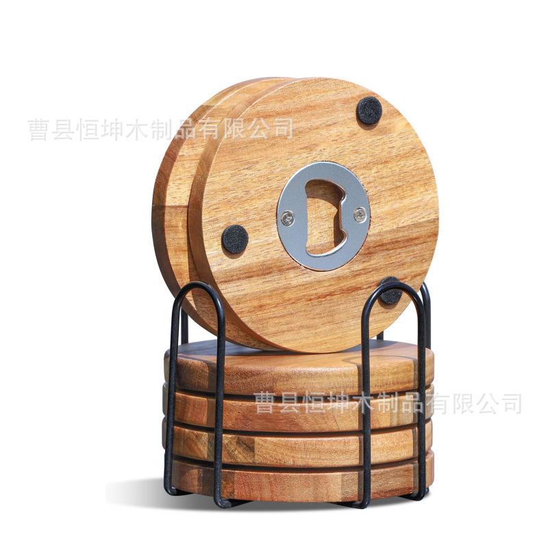 병따개 홀더가있는 나무 컵 받침 맥주 병따개 단단한 나무 와인 병 따개 크리 에이 티브 컵 받침 가정용 병따개