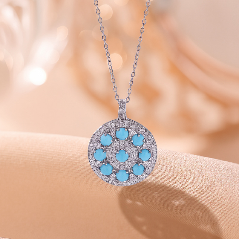 Mặt dây chuyền bạc S925 mạ vàng đá turquoise hình bát bảo la bàn phong cách tân trung hoa — Mẫu bạc - Mặt dây chuyền đơn (không kèm dây)