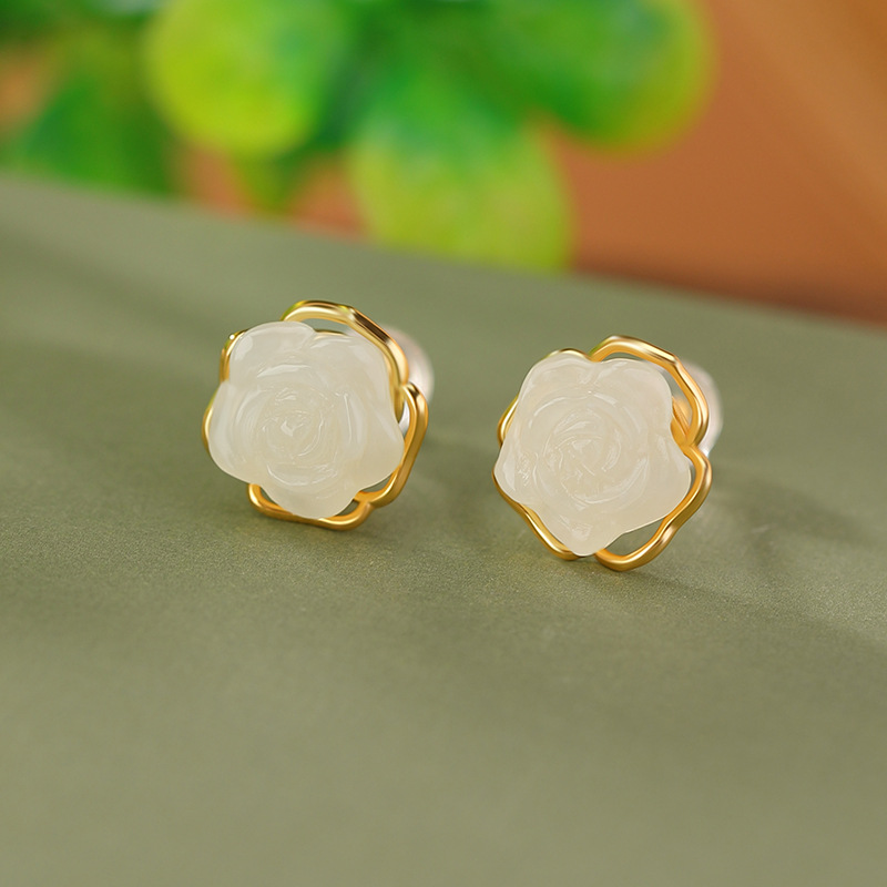 Bông tai hoa hồng rỗng mạ vàng bạc S925 chạm khắc tinh xảo — Một cặp