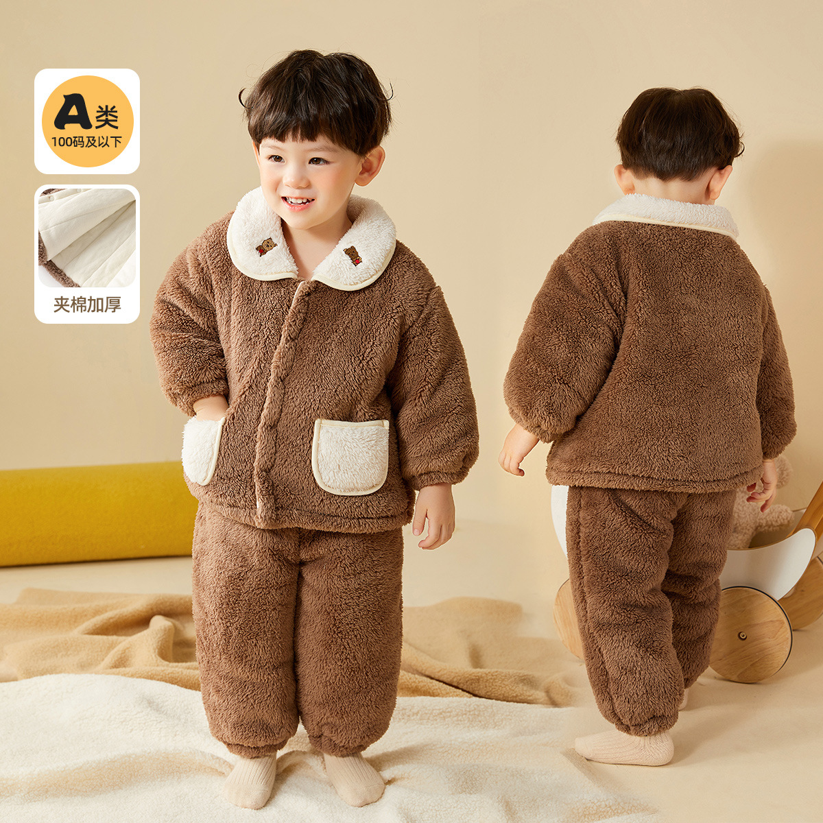 [Estilo de invierno profundo] bebé acolchado engrosado ropa para el hogar traje de invierno para niños pijamas de dos piezas para Niñas Ropa para niños moda