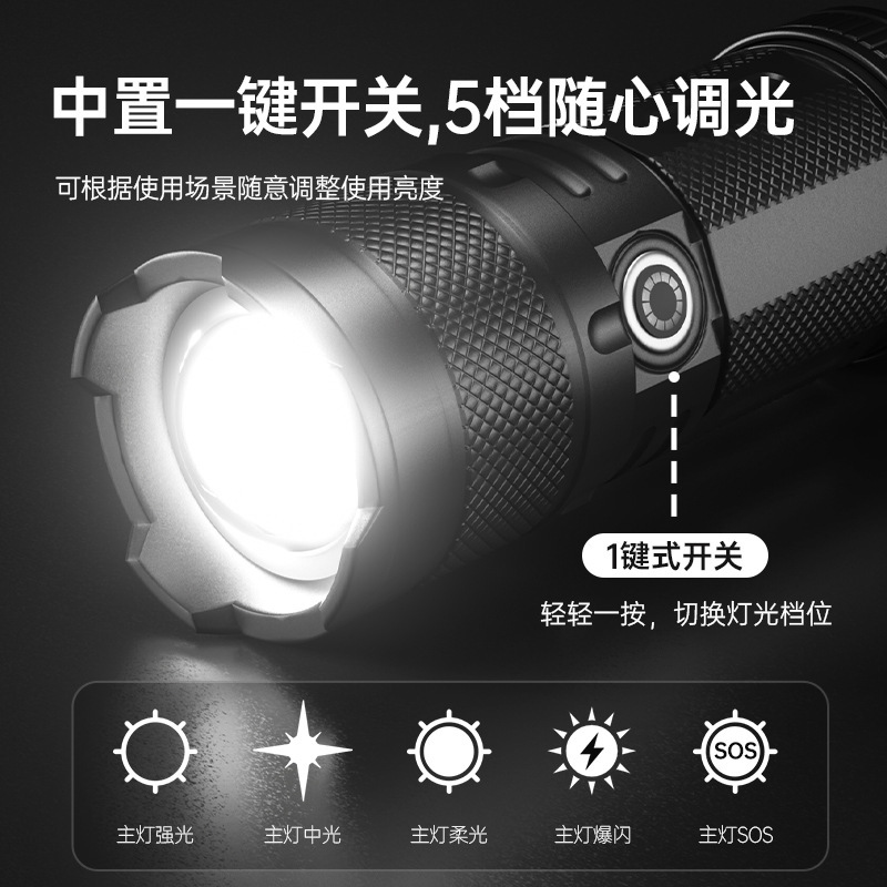 Nuevas linternas transfronterizas al aire libre multifuncional lámpara de iluminación de carga láser blanco resaltado antorcha portátil retráctil impermeable