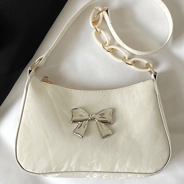 Metal Bow Small Square Bag for Women, Chain Underarm Bag, Single Shoulder and Crossbody Dual-Use Bag, Niche Design, Lazy Style Metal Bow Small Square Bag for Women, Chain Underarm Bag, Single Shoulder and Crossbody Dual-Use Bag, Niche Design, Lazy Style