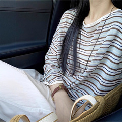韩系简约复古撞色条纹时尚百搭圆领长袖T恤女宽松显瘦罩衫上衣潮