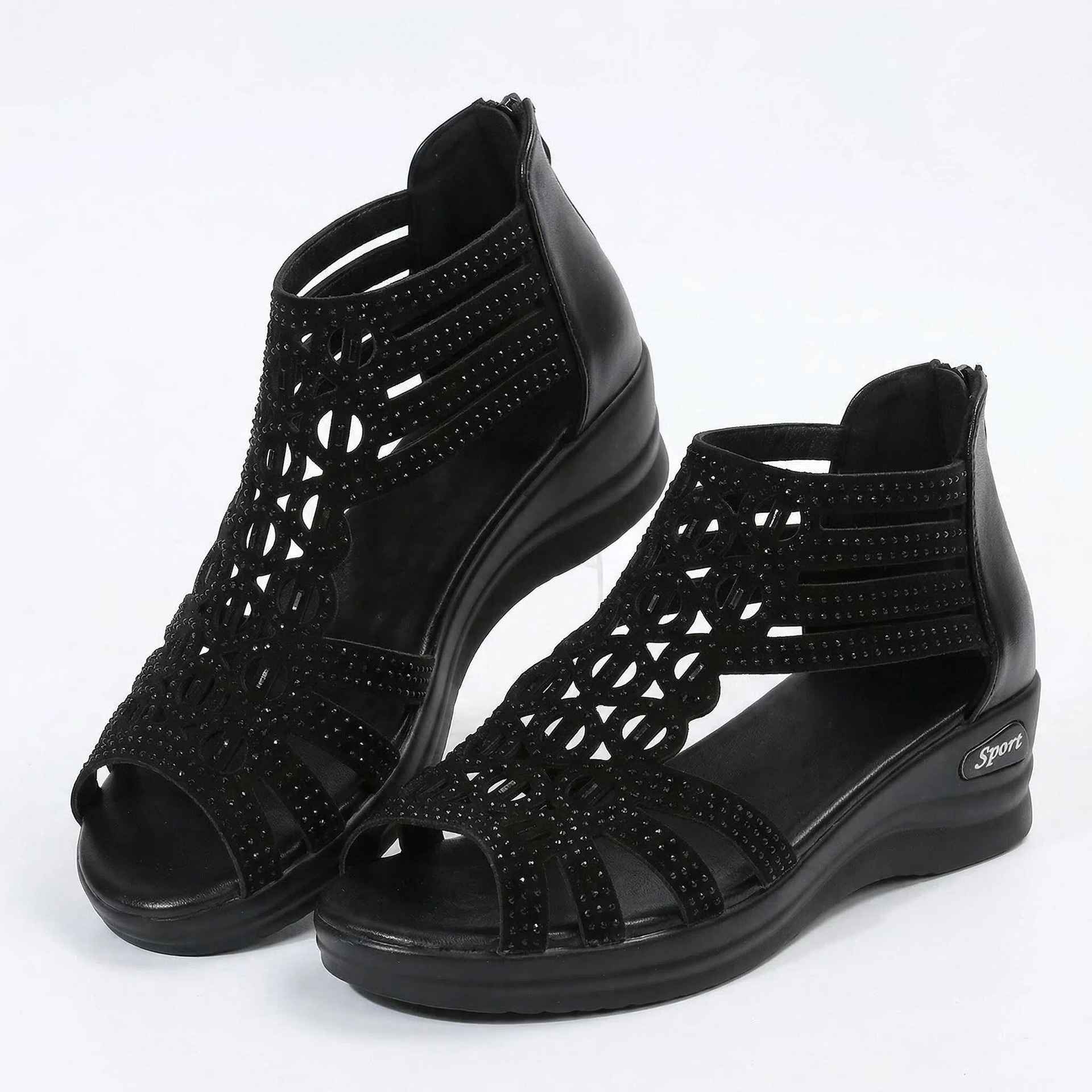 Verano de tacones gruesos de pendiente impermeable sandalias de tacones altos de cuero suave sandalias huecas con cremallera trasera sandalias romanas huecas