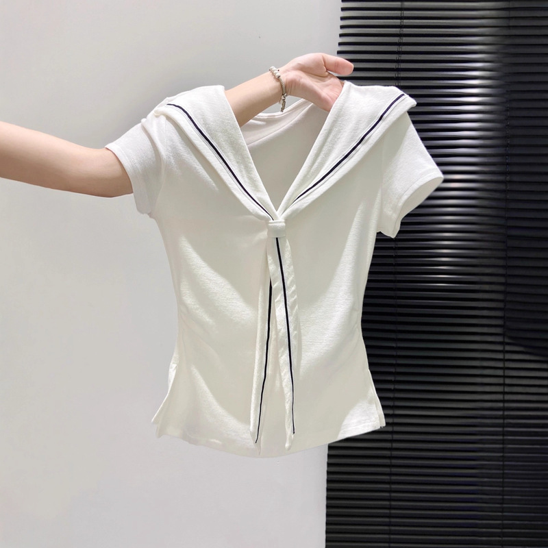 Brand Export ~ Cut Label Counter Navy Collar White Short-Sleeved T-Shirt Slit Slim Waist Slimming Look Shirt Top